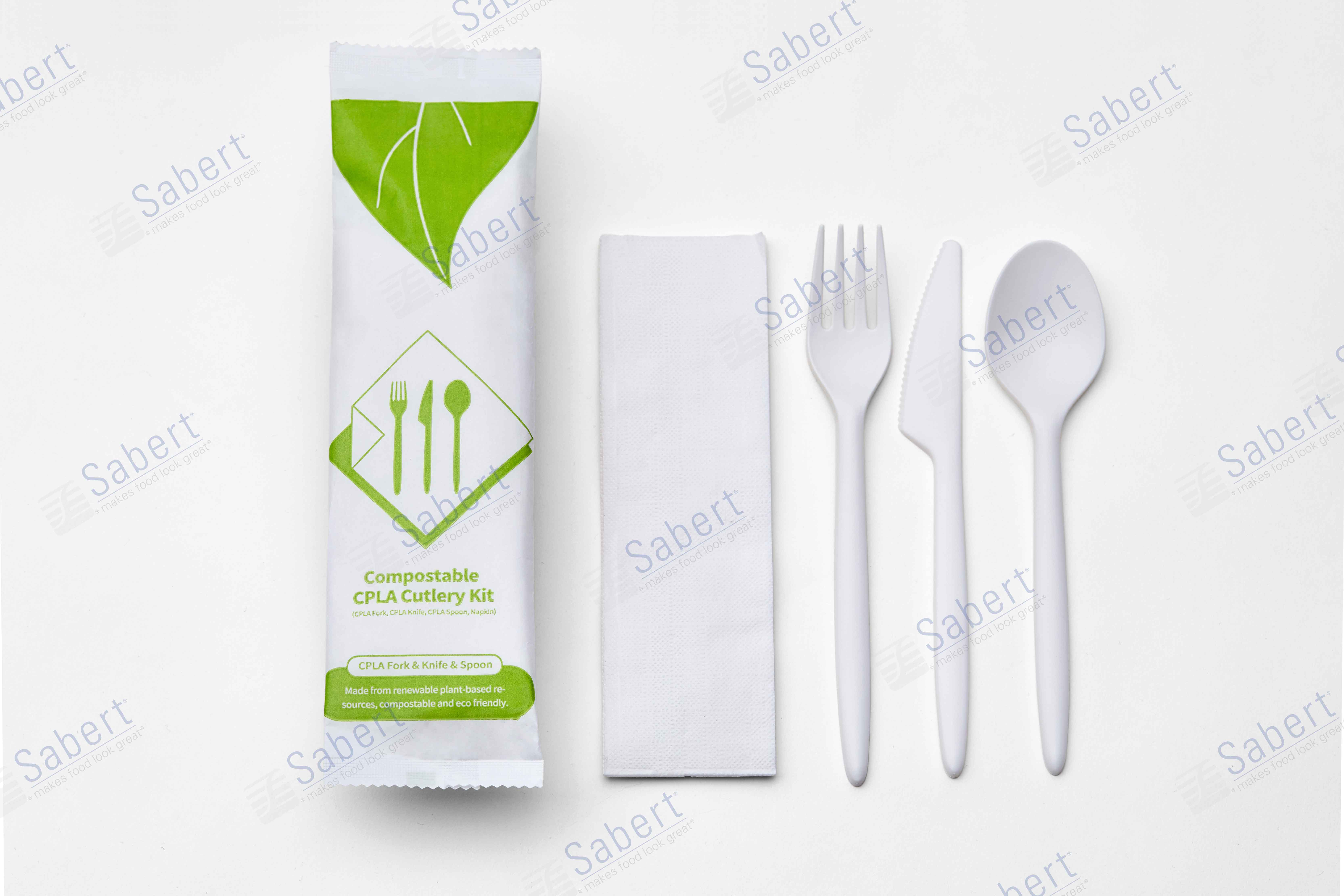 CPLA环保一次性餐具包四合一（CPLA刀、CPLA叉、CPLA勺、纸巾） / 白色淋膜纸包装 