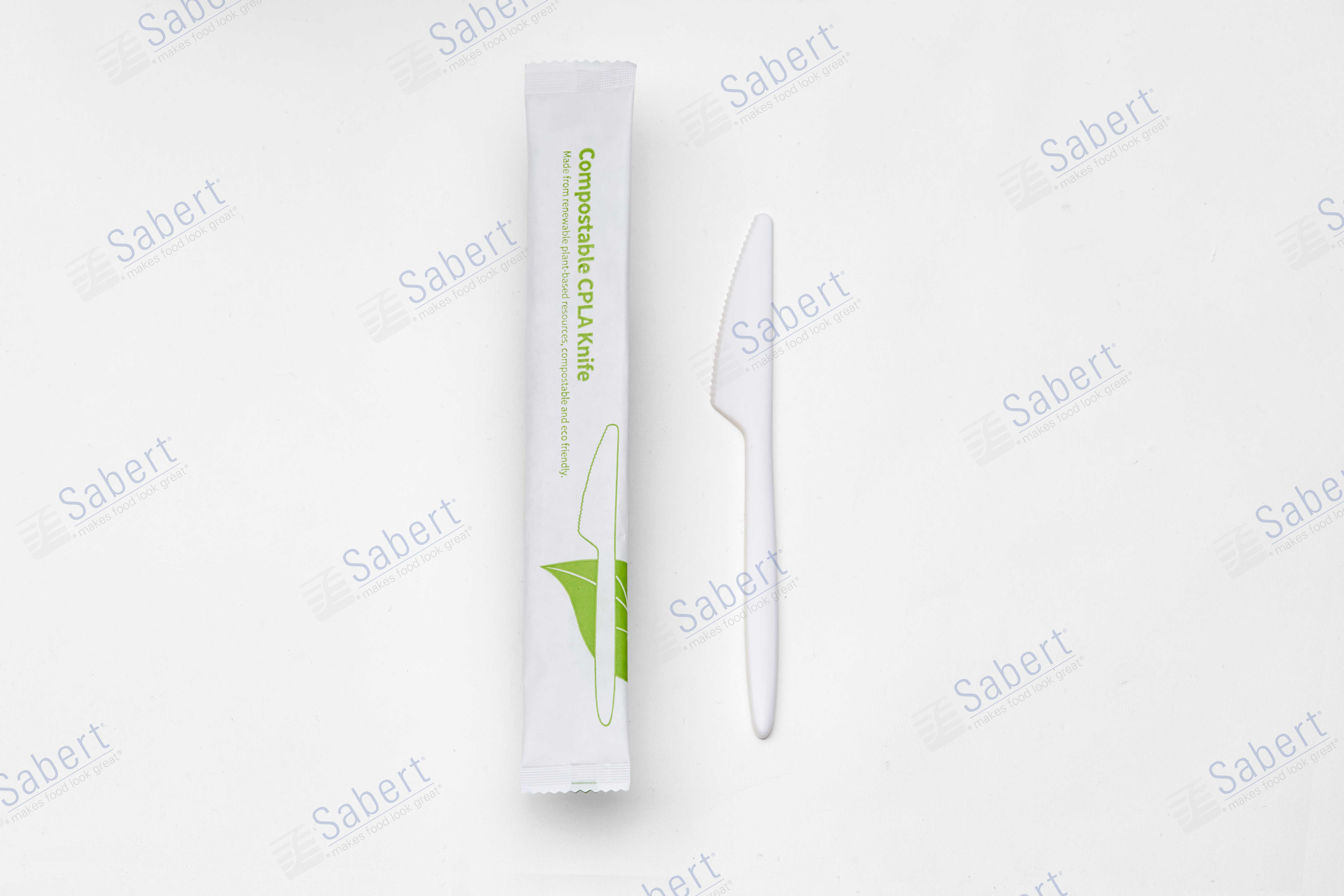 17cm compostable CPLA knife  - individual white paper pack